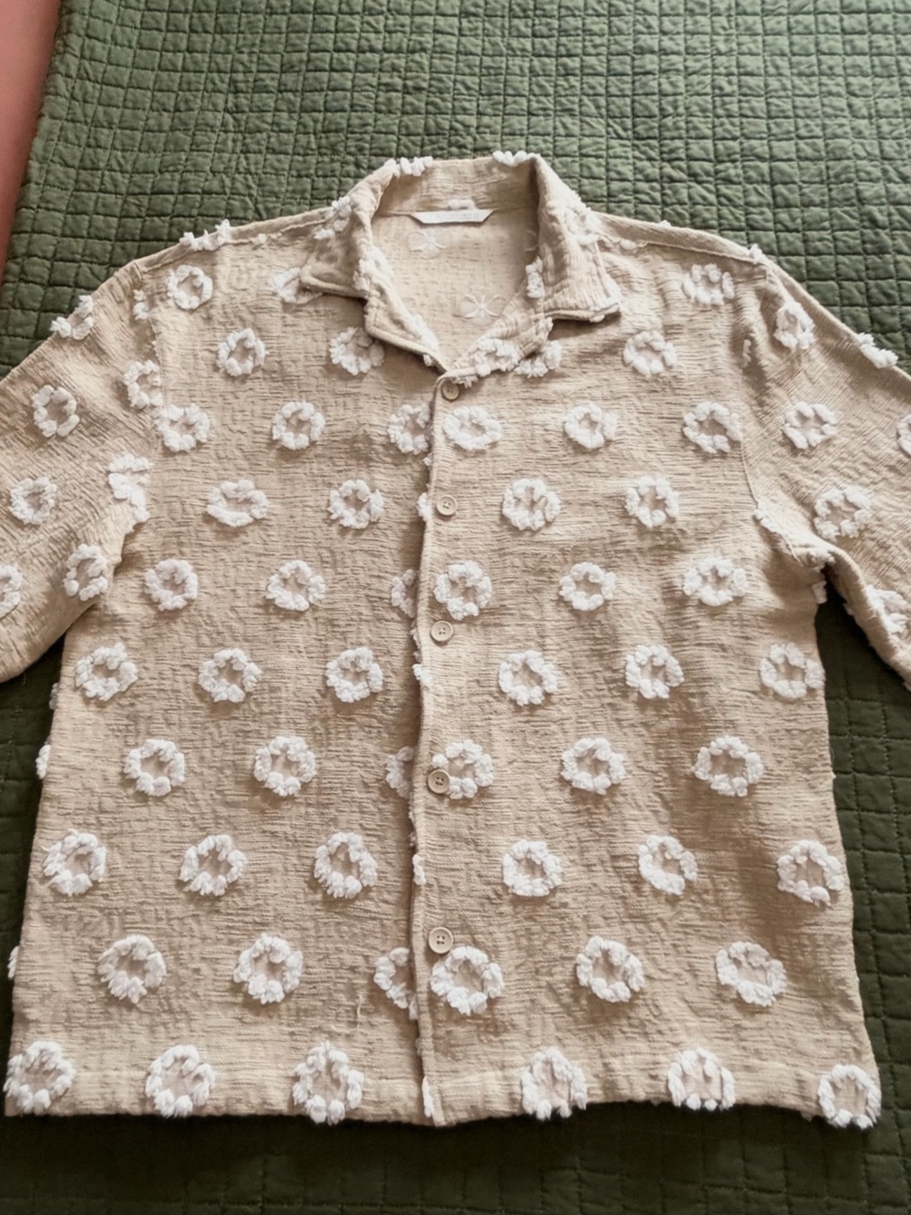 Zara Beige Button-Down Shirt with Raised White Flower Appliqués